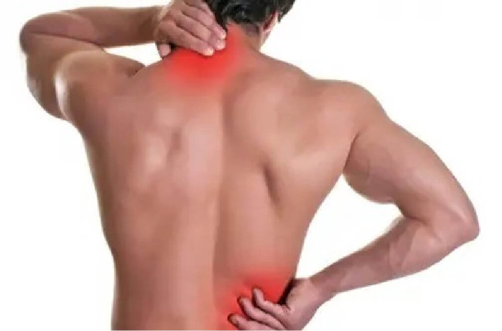 male touching pain points on neck and low back